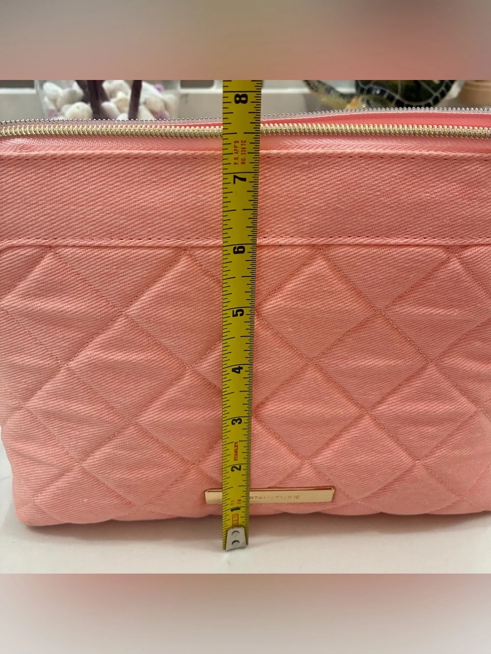 Tartan + Twine Coral Quilted Cosmetic Pouch with Gold Accents